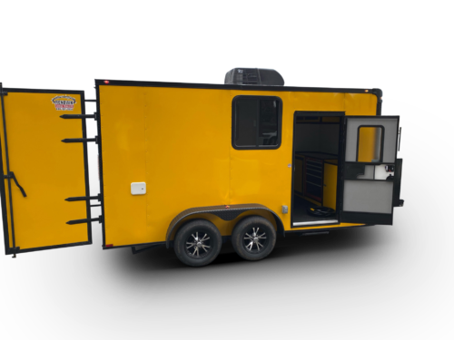 yellow pet grooming trailer two doors